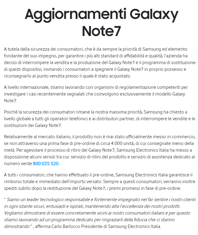 Comunicato ufficiale Samsung ritiro Galaxy Note7