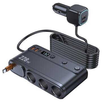 Caricabatterie da auto 9 in 1 da 228 W con splitter per accendisigari a ricarica rapida con interruttori indipendenti e display a LED - Nero