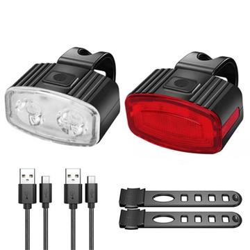 Set di luci per bicicletta ricaricabili USB da 2 pezzi Luce anteriore posteriore della bicicletta a LED Faro USB Luce posteriore della bicicletta - Set rosso+bianco