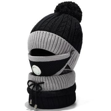 Cappello, maschera e scaldacollo in maglia antivento invernale a 3 pezzi - Nero/Grigio