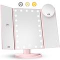Specchio da trucco pieghevole a 3 lati con 22 luci LED - Ingrandimento 1X/2X/3X/10X - Rosa