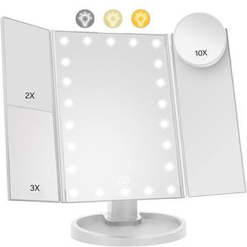 Specchio da trucco pieghevole a 3 lati con 22 luci LED - Ingrandimento 1X/2X/3X/10X - Bianco