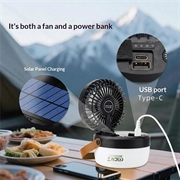 Ventilatore da campeggio solare 3 in 1 con luce e power bank da 3000mAh - Nero