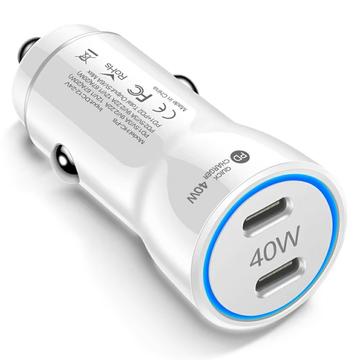 Caricatore da auto rapido doppio USB-C PD da 40 W con anello luminoso a LED - Bianco