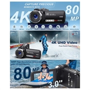 Videocamera digitale 4K Ultra HD con Controllo remoto - 80MP, 18X Digital Zoom - Nero