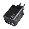 Caricabatterie da viaggio GaN da 65W - Cavo USB-C retrattile, porte USB-C/USB-A - Nero