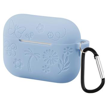 AirPods Pro 3 Custodia in silicone liquido con motivo floreale e moschettone - Blu baby