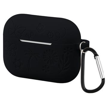 AirPods Pro 3 Custodia in silicone liquido con motivo a fiori e moschettone - Nera