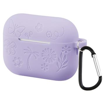 AirPods Pro 3 Custodia in silicone liquido con motivo a fiori e moschettone - Viola chiaro