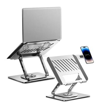 Supporto per laptop rotante a due bracci in acciaio al carbonio con supporto magnetico per telefono - Argento