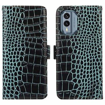 Custodia in Pelle a Portafoglio per Nokia X30 Coccodrillo con RFID - Verde