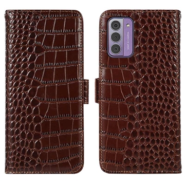 Custodia in Pelle a Portafoglio Serie Crocodile con RFID per Nokia G42 - Marrone