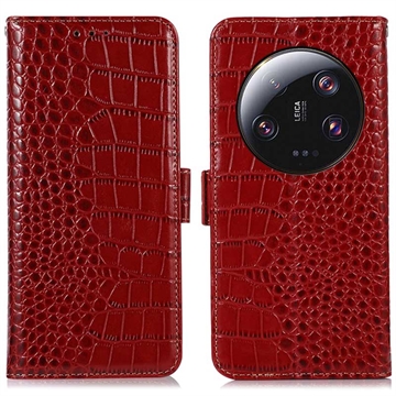 Custodia in Pelle a Portafoglio Serie Crocodile con RFID per Xiaomi 13 Ultra - Rossa