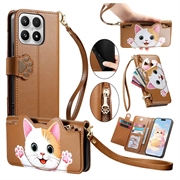Custodia a portafoglio Xiaomi 17 con motivo gattini, porta carte, tasca con cerniera e cinturino da polso - Marrone
