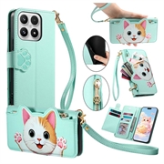 Custodia a portafoglio Xiaomi 17 con motivo gattini, porta carte, tasca con cerniera e cinturino da polso - Verde
