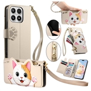 Custodia a portafoglio Xiaomi 17 con motivo gattini, porta carte, tasca con cerniera e cinturino da polso - Colore kaki