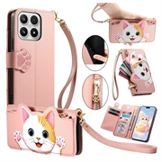Custodia a portafoglio Xiaomi 17 con gattino, porta carte, tasca con cerniera e cinturino da polso - Rosa