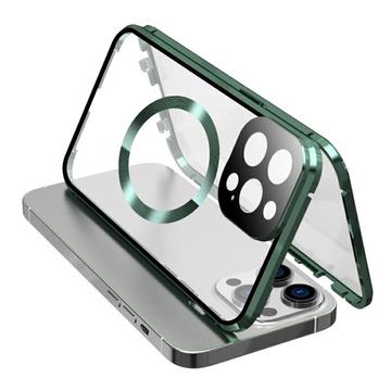 Custodia anti-caduta con telaio in metallo magnetico e vetro temperato su entrambi i lati per iPhone 15 compatibile con la cover per telefono MagSafe con chiusura a fibbia