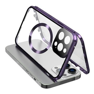 Custodia anti-caduta con telaio in metallo magnetico e vetro temperato su entrambi i lati per iPhone 15 compatibile con la cover per telefono MagSafe con chiusura a fibbia - Viola