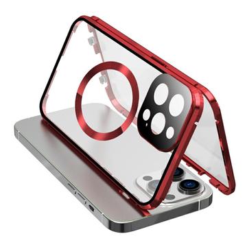 Custodia anti-caduta con telaio in metallo magnetico e vetro temperato su entrambi i lati per iPhone 15 compatibile con la cover per telefono MagSafe con chiusura a fibbia - Rosso