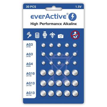 Set di batterie alcaline a bottone EverActive - 30 pezzi.