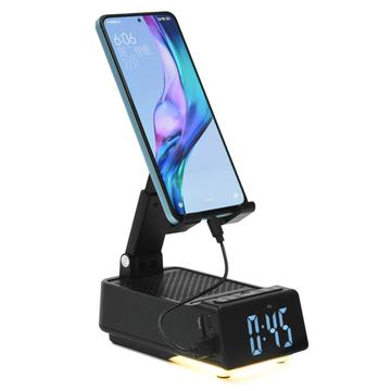 F30 Supporto per smartphone pieghevole 3 in 1, altoparlante Bluetooth e sveglia digitale - Nero
