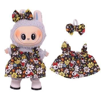 Abito da festa floreale e fascia con fiocco per Labubu Mini Figura 17cm - Marrone
