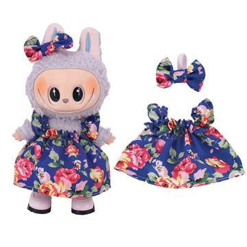 Abito da festa floreale e fascia con fiocco per Labubu Mini Figura 17cm - Blu scuro