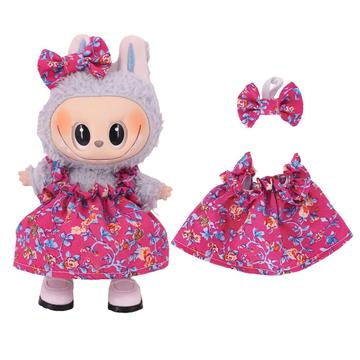 Abito da festa floreale e fascia con fiocco per Labubu Mini Figura 17cm - Rosa caldo
