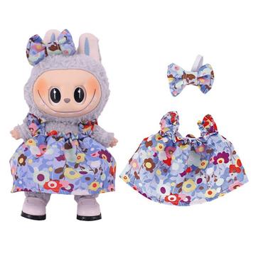 Abito da festa floreale e fascia con fiocco per Labubu Mini Figura 17cm - Azzurro