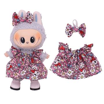 Abito da festa floreale e fascia con fiocco per Labubu Mini Figura 17cm - Rosa