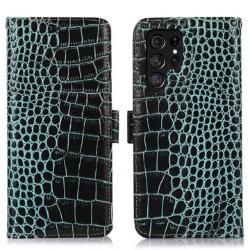 Custodia in Pelle a Portafoglio Serie Crocodile con RFID per Samsung Galaxy S23 Ultra 5G - Verde