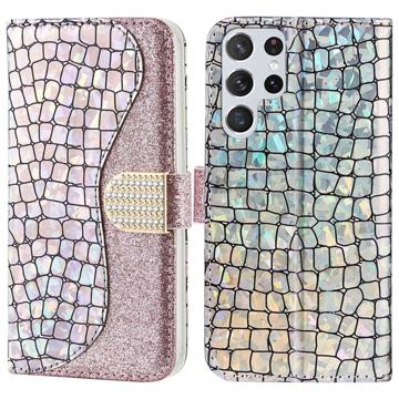 Custodia a Portafoglio Serie Croco Bling per Samsung Galaxy S23 Ultra 5G - Rosa Oro