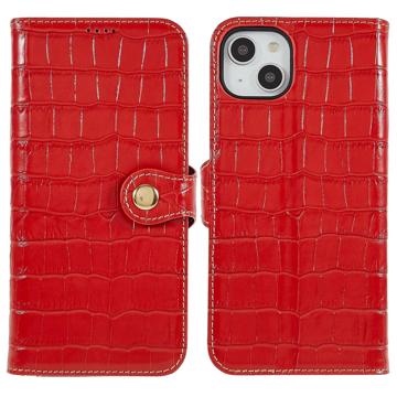 Custodia in Pelle a Portafoglio per iPhone 14 Plus - Crocodile - Rosso