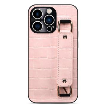 Custodia Rivestita per iPhone 14 Pro con Cinturino e Slot per Schede - Coccodrillo - Rosa