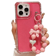 iPhone 16 Pro Max Glitter Custodia ibrida antiurto con cinturino da polso - Rosa Neon