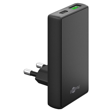 Caricabatterie rapido doppio Goobay GaN piatto a 90° - 65W, USB-C e USB-A - Nero