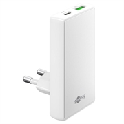 Caricabatterie rapido doppio Goobay GaN piatto a 90° - 65W, USB-C e USB-A - Bianco