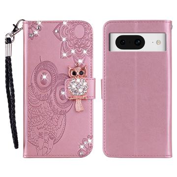 Google Pixel 8 Custodia portafoglio con strass gufo - Oro rosa