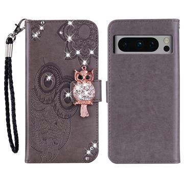 Google Pixel 8 Pro Custodia portafoglio con strass gufo - Grigio