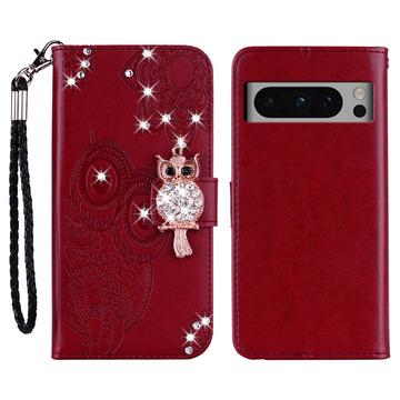 Custodia per portafoglio Google Pixel 8 Pro con strass di gufo - Rosso