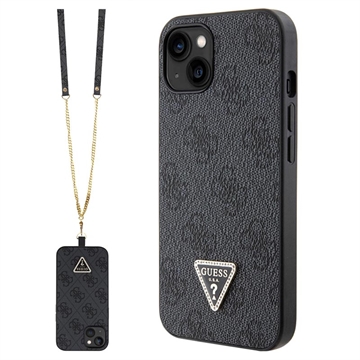 iPhone 15 Guess 4G Strass Triangle Metal Logo Case with Crossbody Strap - Black