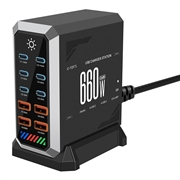 HHW 660W GaN Stazione di ricarica USB-C a 10 porte con display - 6xUSB-C, 4xUSB-A - Nero