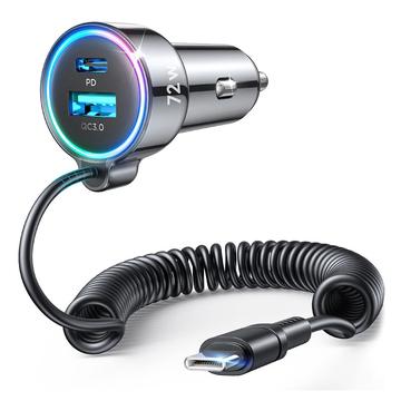 Joyroom JR-CL07 Caricabatterie da auto rapido 3 in 1 con cavo 72W - USB-C, USB-A - Nero