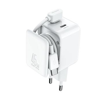 Joyroom JR-TCL05 Caricatore da parete GaN da 45W con doppia porta USB-C e organizzatore di cavi - Bianco