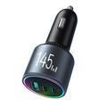 Joyroom potente caricatore da auto PD QC a 3 porte con cavo USB-C da 1.2m incluso - 145W - Grigio scuro