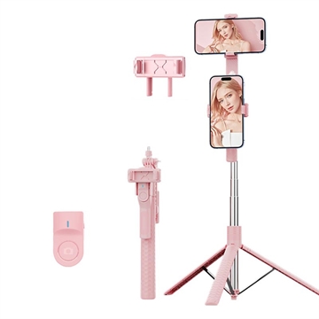 K50 treppiede per selfie con clip per telefono doppio Bluetooth e telecomando - Rosa