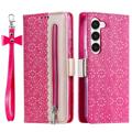 Custodia a Portafoglio con Motivo Traforato per Samsung Galaxy S23 5G - Rosa neon