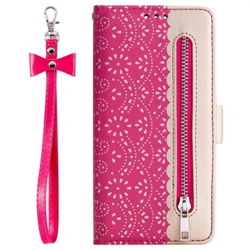 Custodia a Portafoglio con Motivo Merletto per Samsung Galaxy Note10 - Rosa Neon