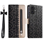 Custodia a portafoglio Lace Pattern per iPhone 16 Plus - nera